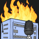 techdebt.fm logo: A server rack on fire with a microphone